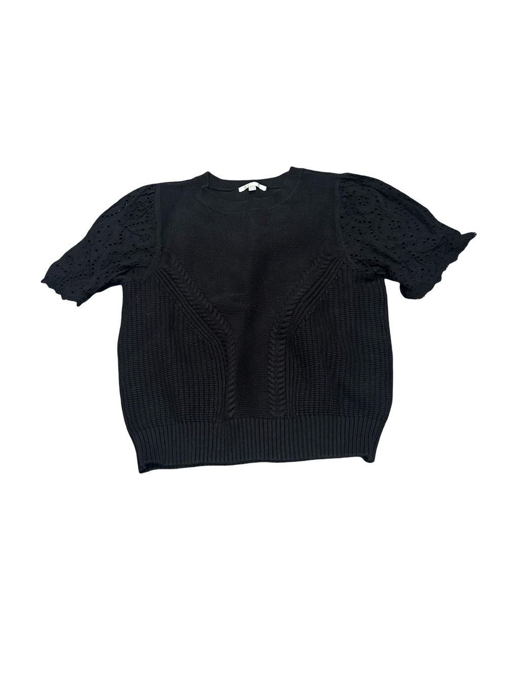 EUC Design History Women’s Large Black Knit S/S Sweater with Eyelet Puff Sleeve